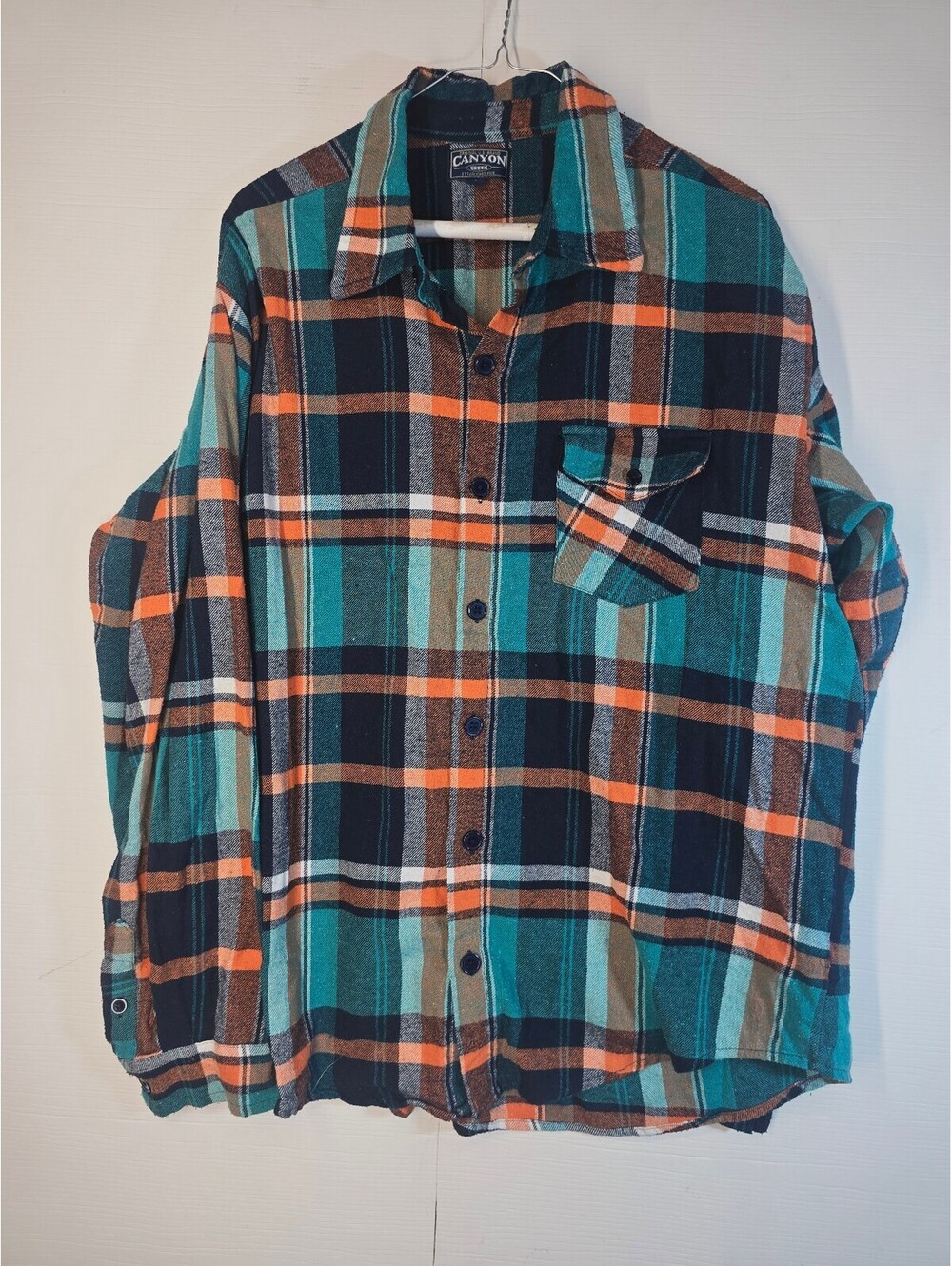 Canyon Creek Mens Large Teal Orange Black Plaid Flannel Shirt Long Sleeve
